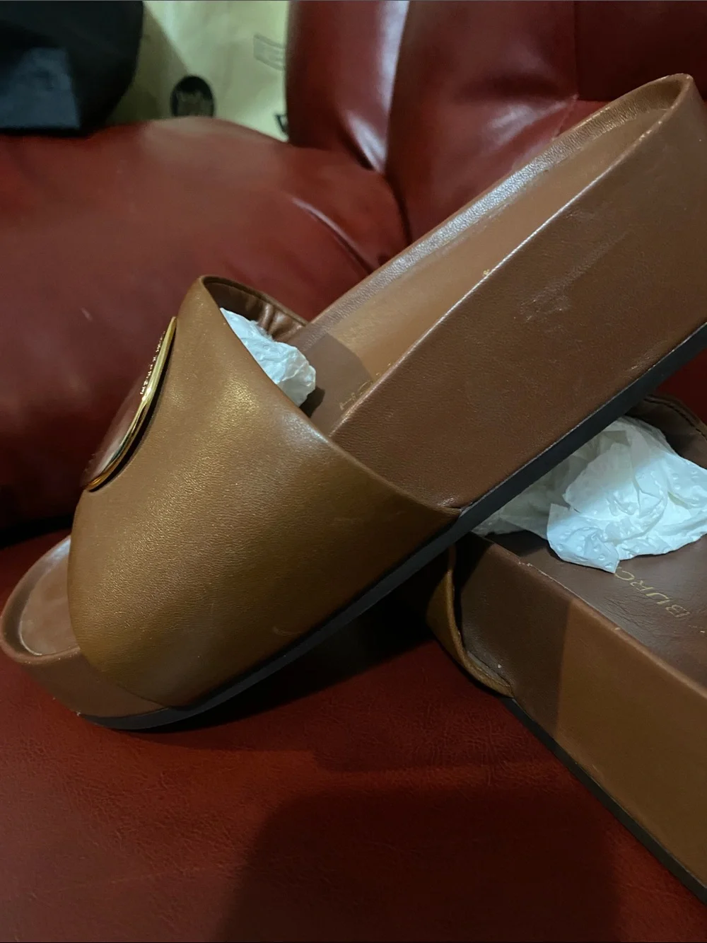 Tory Burch Brown Leather Platform Slide Sandals with Gold Accent